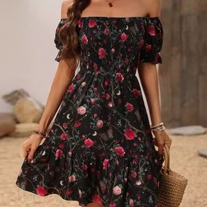 Floral Off-Shoulder Black Dress